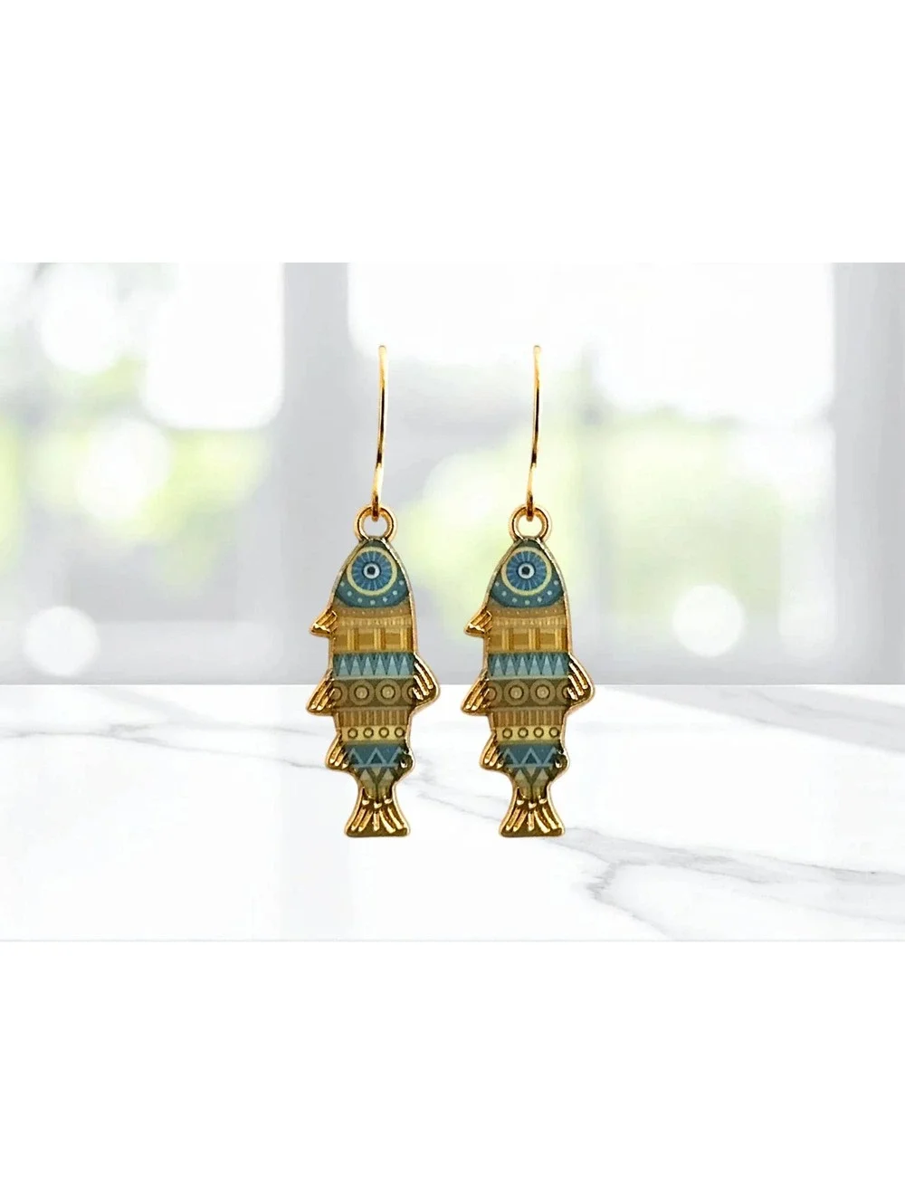 Gold and Blue Patterned Fish Hook Dangle Earrings